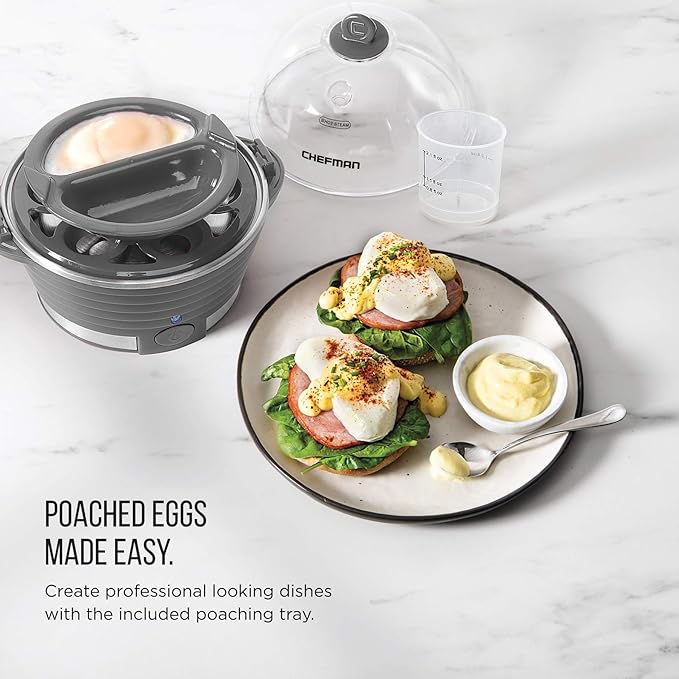 Chefman Electric Egg Cooker Boiler, Rapid Egg-Maker & Poacher, Food & Vegetable Steamer, Quickly Makes 6 Eggs, Hard, Medium or Soft Boiled, Poaching/Omelet Tray Included, Ready Signal, BPA-Free, Grey