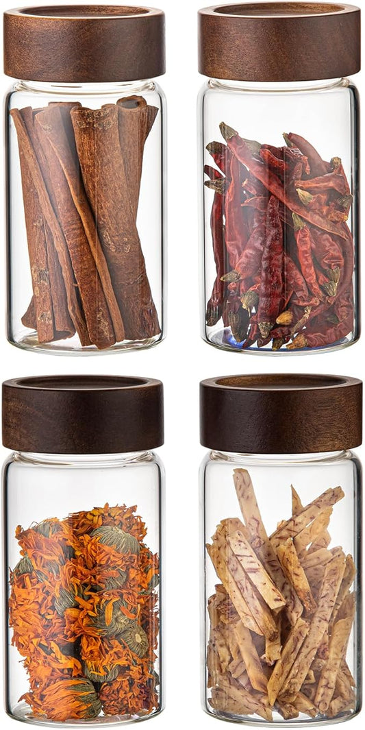 Small Glass Jars with Airtight Lid Clear Coffee Ground Storage Canister Wooden Lid Round Glass Spice Jar for Pantry Sugar Tea Bean Nuts Cookies Bath Salts (4×250ml(8.4oz))