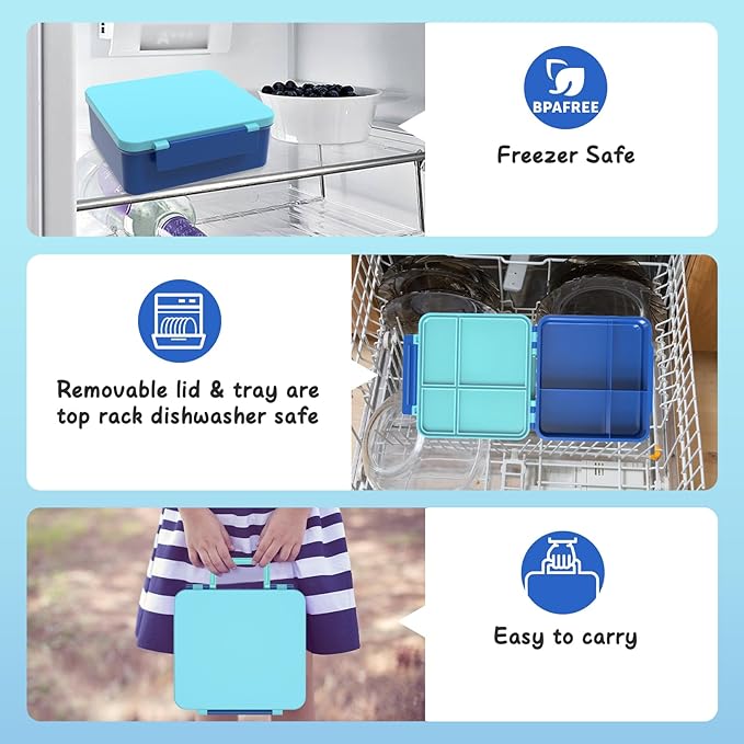 Bento Lunch Box with 8oz Soup Thermo, Leak-Proof Lunch Containers with 4 Compartment, Thermo Hot Food Jar and Insulated Lunch Box for School Blue