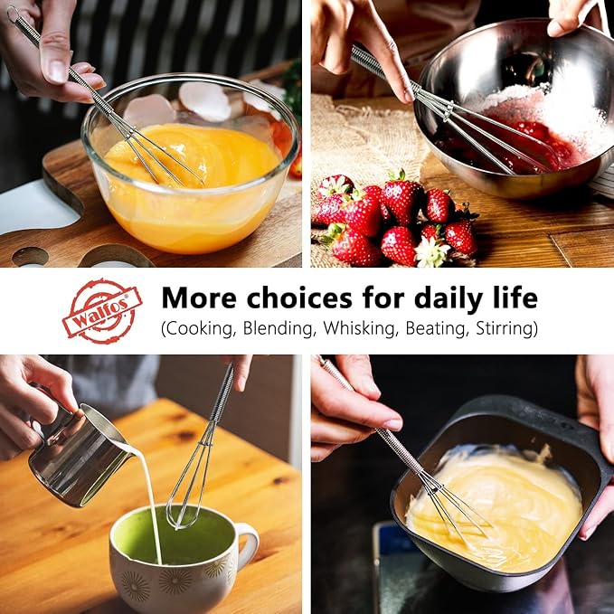Walfos Mini Whisks Stainless Steel 6pcs; 7" - Small Whisk for Whisking, Beating Eggs, Mixing Sauces, Blending Ingredients