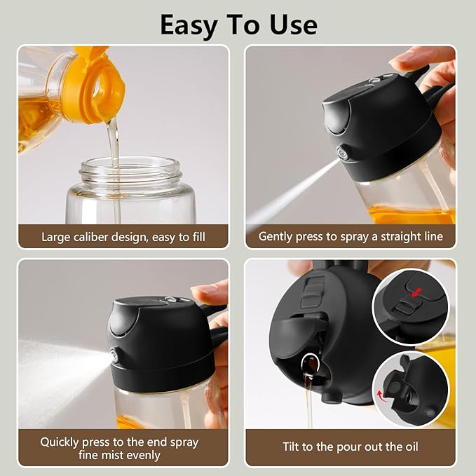2PCS Oil Sprayer for Cooking, 470ml 2 In 1 Sprayr & Pour, Glass Olive Oil Dispenser Pourer for Kitchen, Air Fryer, Cooking, Salad, BBQ (Black,Black)
