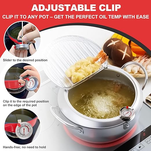 Candy Thermometer Waterproof IP67 - Oil Thermometer for Frying with Clips - 9" Side of Pot Thermometer Deep Fry for Oil Candy Candle BBQ - Silver