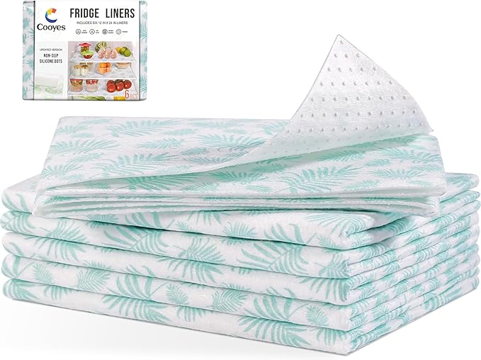 Cooyes Drawer and Shelf Liner for Kitchen Cabinets, Cloth Material, Non Slip Refrigerator Liners Washable, Fridge Mats for Glass Shelves and Bins, 6 Pack, 12" × 24"