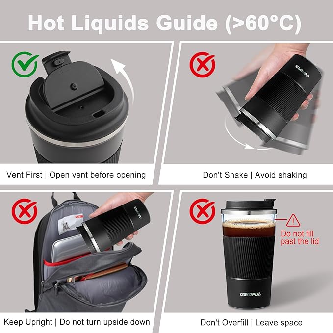 GEMFUL 17oz Travel Coffee Mug To Go with Lid Stainless Steel Insulated Cups Reusable Tumbler Leak Proof Coffee Lovers Gift for Hot Cold Drinks Women Men Office Car (Black)