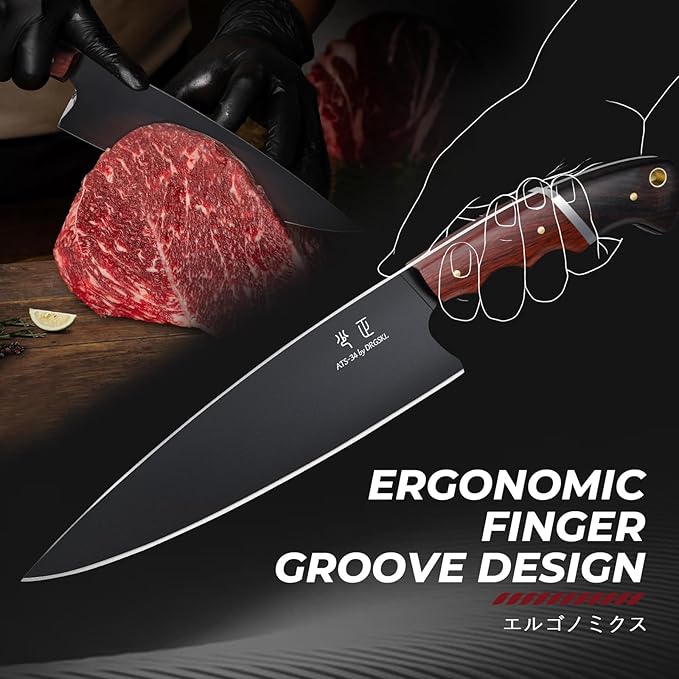 Japanese Chef Knife 8 Inch - Kitchen Knife Forged from a Single Piece of High Carbon ATS-34 Steel, Full-Tang Cooking Knife with Walnut Handle for Meat and Vegetables, Ideal Gift