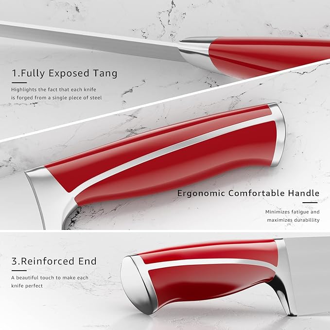 Emojoy 15-Piece Kitchen Knife Set with Wooden Block, German Stainless Steel Sharp Chef Knife Set, Dishwasher Safe and Rust Proof (Red)