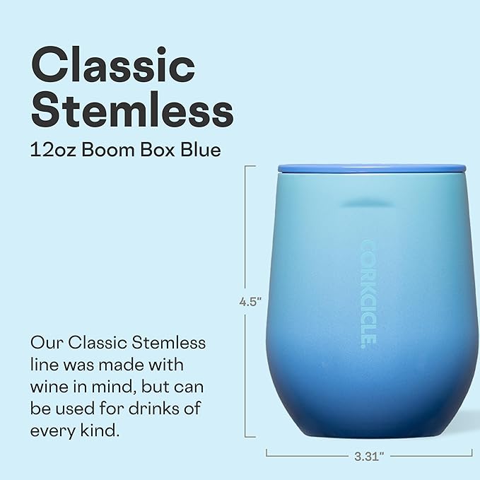 Corkcicle Classic Stemless Wine Tumbler - Keeps Drinks Cold for 6 Hours - Triple-Insulated Stainless Steel - Non-Slip Bottom - Summer Drinkware Gift - Keeps Drinks Ice Cold - 12 oz - Boom Box Blue