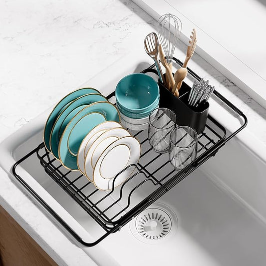 Dish Drying Rack in Sink - Expandable Stainless Steel Dish Rack Over The Sink, Kitchen Sink Drain Strainer with Cutlery Holder & Cup Holders, 15.2 x 10.0 x 4.2 Inch, Black
