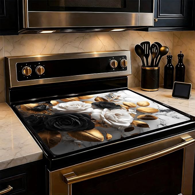 Black White Rose Stove Top Cover 28.3 x 20.5 Inches, Heat Resistant Glass Stove by KKYEJLQYI