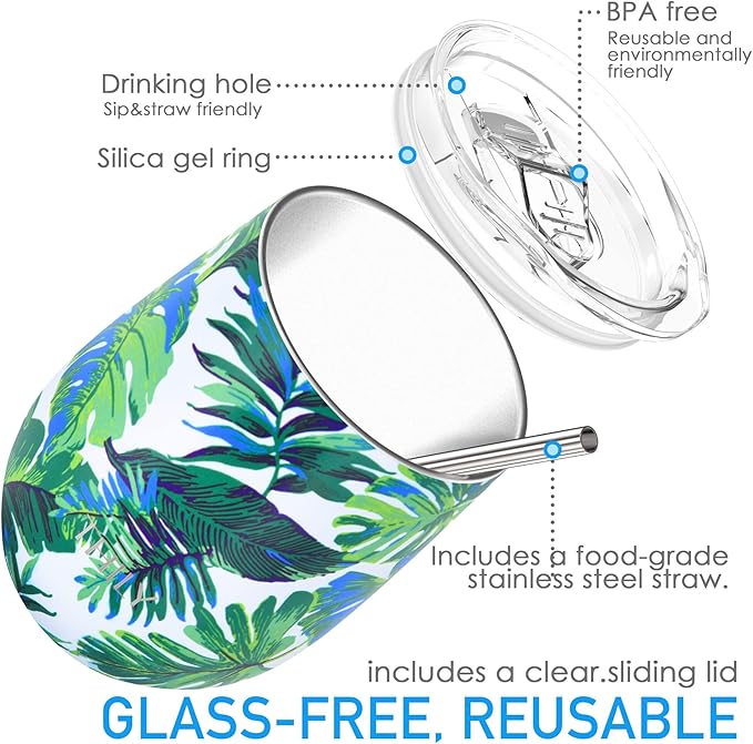 THILY Stemless Wine Tumbler Vacuum Insulated 12 oz Triple-Insulated Stainless Steel Wine Glass with Lid, Straw, Keep Cold for Coffee, Cocktails, Green Plants