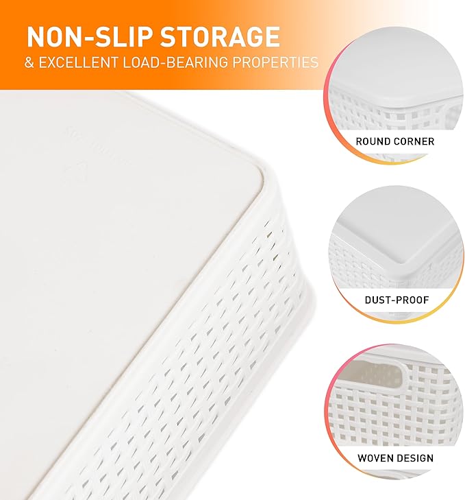 Plastic Storage Baskets With Lid, Storage Bins for Organizing, Stackable Decorative Containers for Shelves Drawers Desktop Closet Playroom Classroom Office, 8 Pack-White