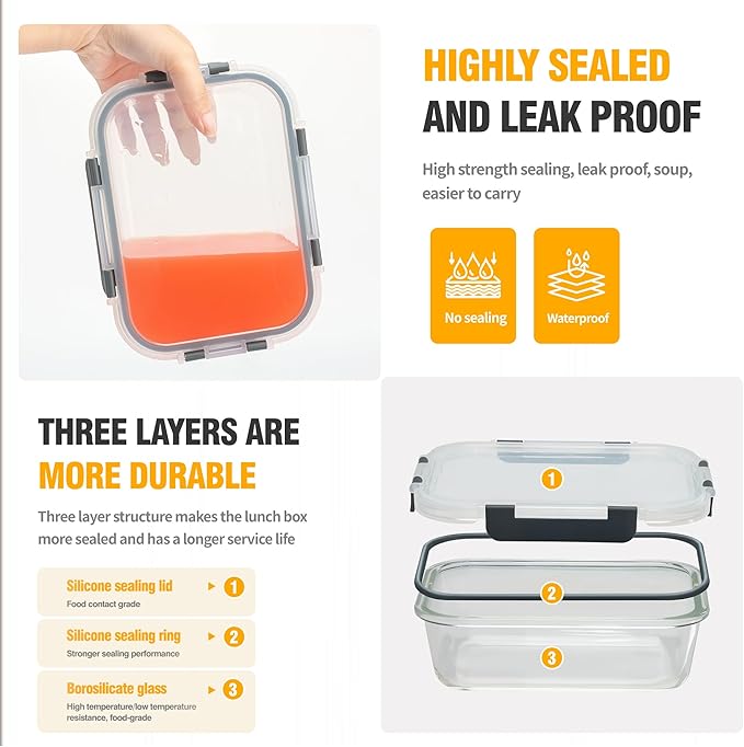 5 PACK 36 oz Glass Meal Prep Containers, Glass Food Containers with Snap-Lock Lids, Airtight Lunch Containers, Microwave, Oven, Refrigerator and Dishwasher Safe，Gray