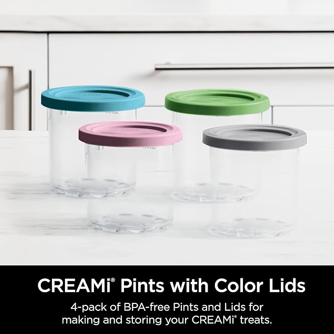 Ninja Creami Pints 4 Pack, Compatible with NC299AMZ & NC300s Series Creami Ice Cream Makers, Genuine Ninja Pint, BPA-Free & Dishwasher Safe, Color Lids, Clear/Grey/Lime/Pink/Aqua, XSKPLD4BCD
