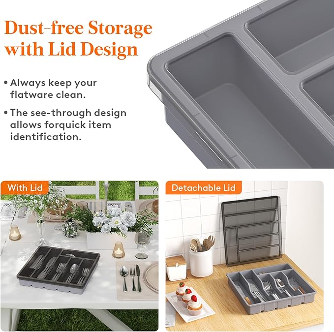 Lifewit Silverware Organizer with Lid, Covered Utensil Tray for Kitchen Drawer and Countertop, Plastic Cutlery and Flatware Storage Box for Spoons Forks Knives Holder Case, 6 Compartments, Gray