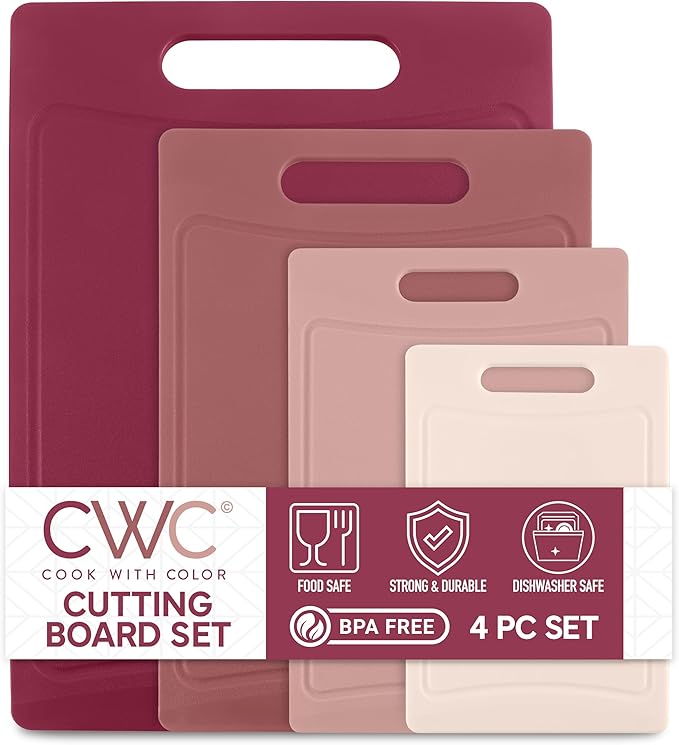 COOK WITH COLOR Non-Slip Cutting Board Set – Kitchen Essentials with Easy Grip Handle for Meat, Veggies, and Fruits, 4 Cutting Boards, Rose