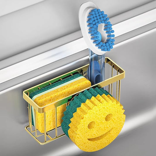 Sponge Holder Smiley Face, Sink Caddy for kitchen Sink, Kitchen Organizer Sponge Holder with 2 PCS Suction Cups/1 PCS Adhesive Strips, Designed for Sponge, Soap, Dish brush, Scrubber-Gold
