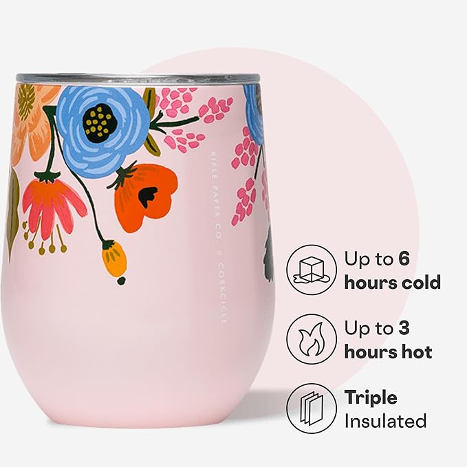 Corkcicle Stemless Insulated Wine Glass Tumbler - Keeps Beverages Cold 6 Hrs Hot 3 Hrs - Stainless Steel - Easy-Grip - Gift for Mom - Great for Mother's Day or Christmas - 12 oz - Blush Lively Floral