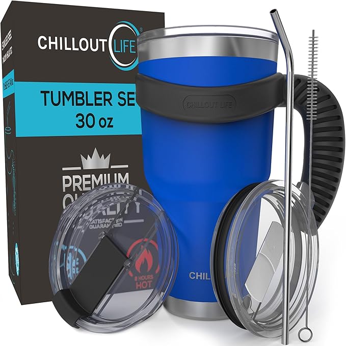 Stainless Steel Travel Mug with Handle 30 oz - 6 Piece Set. Tumbler with Handle, Straw, Cleaning Brush & 2 Lids. Double Wall Insulated Large Coffee Mug Bundle - Royal Blue Powder Coat Tumbler