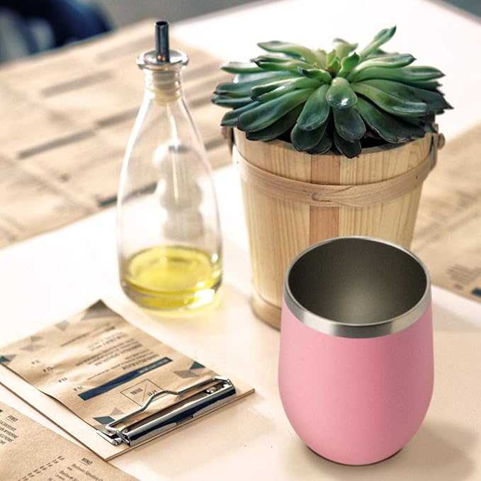 HASLE OUTFITTERS 12oz Wine Tumbler with Lid Stemless Wine Glasses Double Wall Vacuum Travel Mugs stainless steel Coffee Cup for Cold & Hot Drinks Wine Coffee Cocktails Beer (12oz-Pink, 1 Pack)