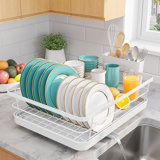 Stainless Steel Dish Drying Rack for Kitchen Counter, Sink Organization and Storage Essentials with Silverware & Utensil Holder, Home and Apartment Decor, 12''W x 15.5''L, White