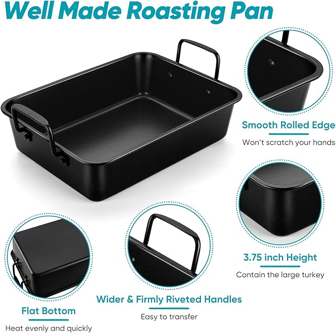 TeamFar Roasting Pan, 16’’ Nonstick Deep Lasagna Brownie Turkey Pan with V-Shaped Rack & Cooling Rack, with Stainless Steel Core & Nonstick Coating, Healthy & Sturdy Handles, Easy to Clean, Set of 3
