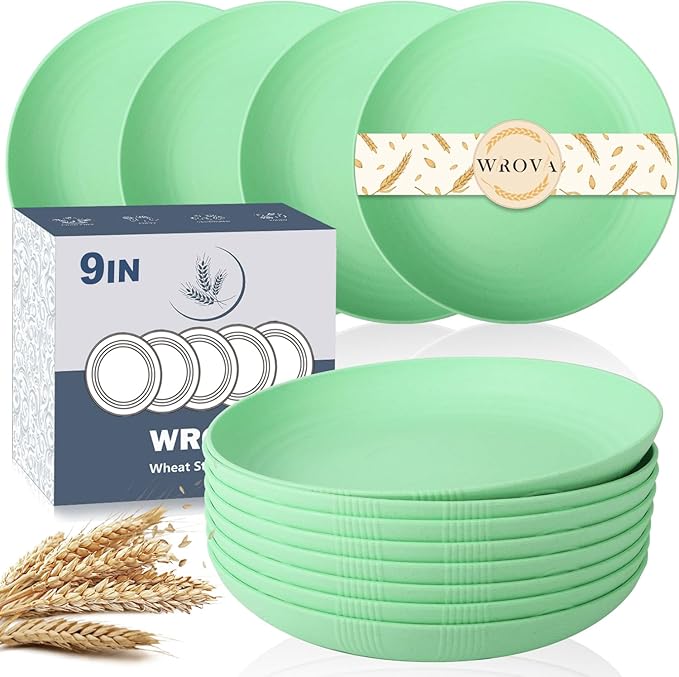 Wrova Wheat Straw Plates - 9 Inch Unbreakable Dinner Plates Set of 8 - Dishwasher & Microwave Safe Plastic Plates Reusable for Kitchen and Camping (Light Green)