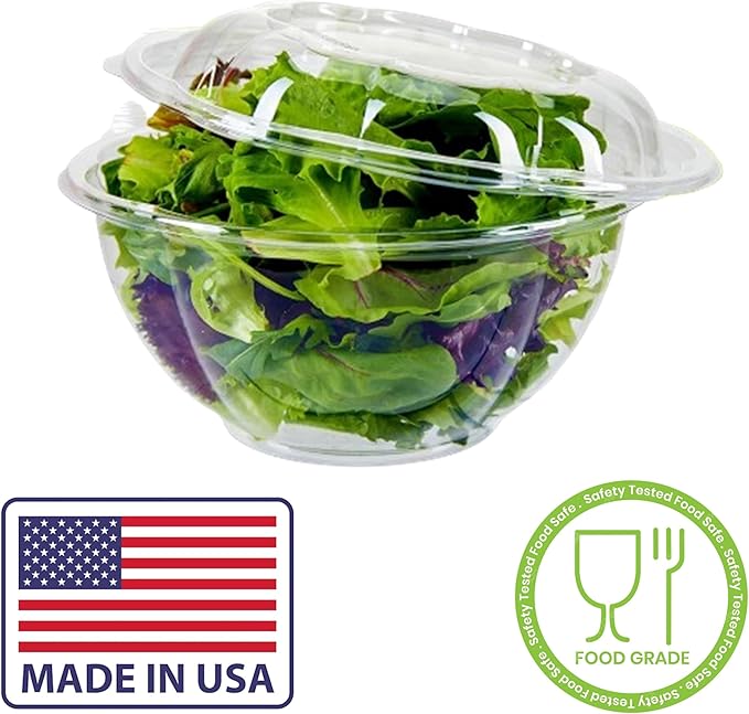 Mr Miracle Clear 48 Ounce Plastic Salad Bowls with Snap-On Lids. Pack 50. Airtight Disposable Salad Containers for Lunch, Meal Prep, Parties. Ideal as Disposable Salad Bowls with Lids