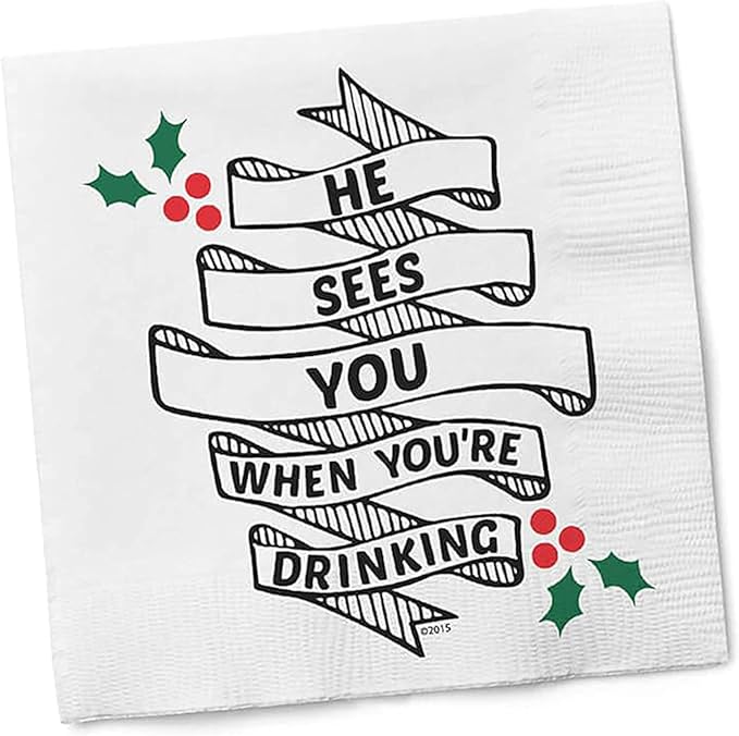 Twisted Wares Funny Christmas Cocktail Napkins – “HE SEES YOU WHEN YOU’RE DRINKING” – 3-Ply Holiday Beverage Napkins for Parties, Décor, and Gifting – 5”x5” (20-Pack)