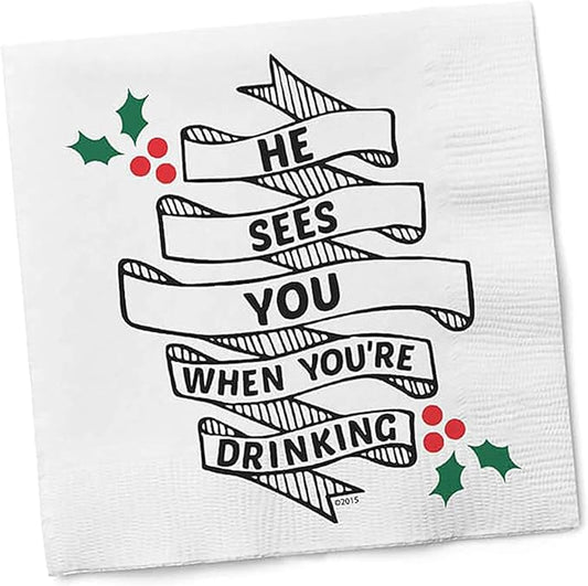 Twisted Wares Funny Christmas Cocktail Napkins – “HE SEES YOU WHEN YOU’RE DRINKING” – 3-Ply Holiday Beverage Napkins for Parties, Décor, and Gifting – 5”x5” (20-Pack)
