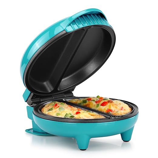 Holstein Housewares Stainless Steel 2 Section Omelet & Frittata Maker, Non Stick Coating, Easy To Clean, Indicator Lights, Compact Storage, Prepare Versatile Recipes in Minutes. 2 Portions, Teal