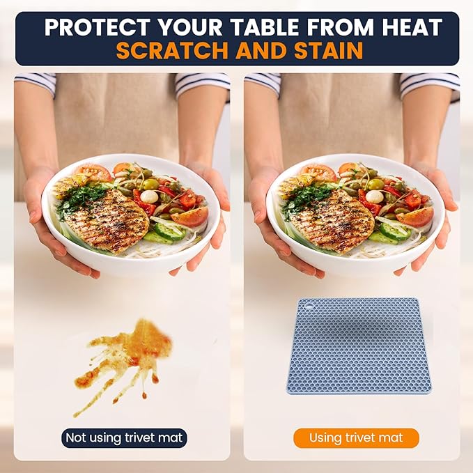 Silicone Trivet Mats 4 Heat Resistant Pot Holders Multipurpose Non-Slip Hot Pads for Kitchen Potholders, Drying mat, Jar Opener, Spoon Holder, Coaster.(Blue)