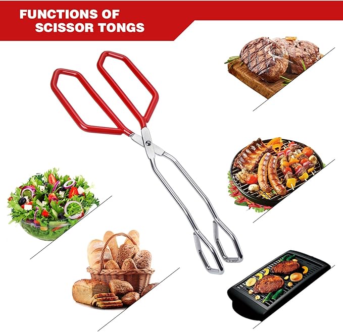 MSY BIGSUNNY Stainless Steel Scissor Tongs Heavy Duty Cooking Tongs with Soft Handles (1, red 11")