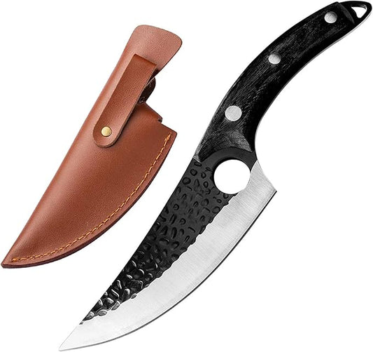Huusk Viking Knives, Butcher Knife Black Forged Boning Knife with Sheath Japanese Fillet Meat Cleaver Knives Full Tang for Kitchen, Camping, BBQ Thanksgiving Christmas Gifts