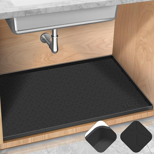 TRZZ Silicone Waterproof Under Sink Mat 31" x 22", Drip Tray and Cabinet Liner for Kitchen and Bathroom, Prevents Water Damage and Organizes Cabinets (Black)