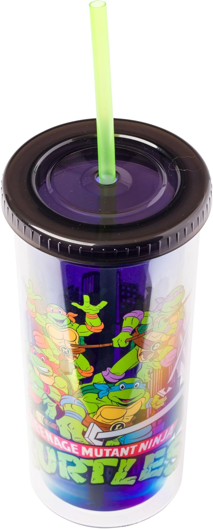 Silver Buffalo Teenage Mutant Ninja Turtles TMNT Featuring Leonardo, Raphael, Donatello, and Michelangelo Plastic Tall Cold Cup with Lid and Straw, 20 Ounces