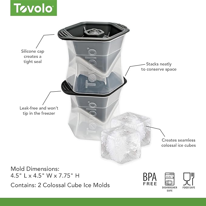 Tovolo Colossal Cube Ice Molds, Set of 2 - Large Ice Cube Mold Ideal for Whiskey, Cocktails & Any Cold Beverage - Odor-Free Freezer Storage, Dishwasher-Safe with Silicone Plunger