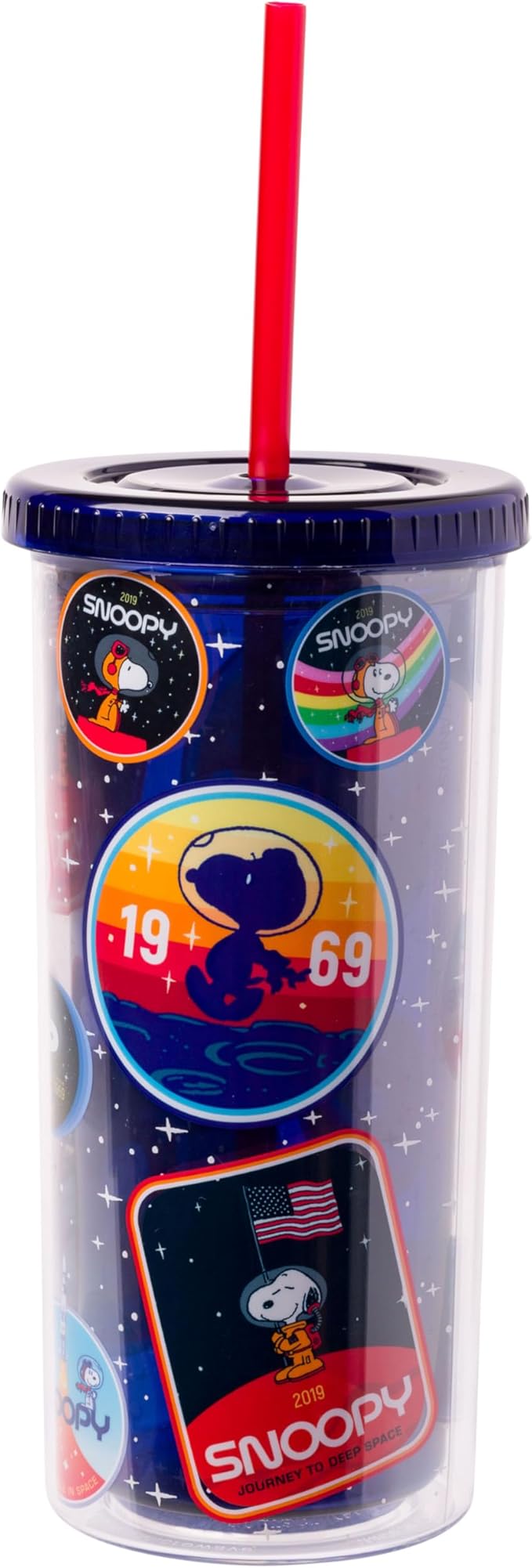 Silver Buffalo Peanuts Space Traveling Patches Featuing Snoopy Plastic Tall Cold Cup with Lid and Straw, 20 Ounces
