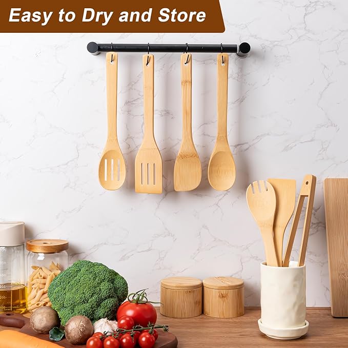 Wooden Spoons for Cooking 7-Piece, Kitchen Nonstick Bamboo Cooking Utensils Set, Durability Wooden Spatula Spoon for Everyday Use, Smooth Edge