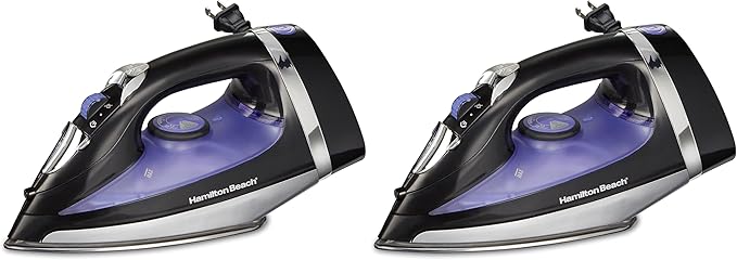 Hamilton Beach Steam Iron for Clothes & Garment Steamer with Smooth Press Stainless Steel Soleplate, 1200 Watts, 8’ Retractable Cord, Black (14214) (Pack of 2)