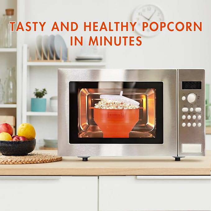 The Original Korcci Microwaveable Silicone Popcorn Popper, Microwave Popcorn Popper, Collapsible Microwave Popcorn Maker Bowl, No Oil Required, Use In Microwave, Dishwasher Safe (Orange)