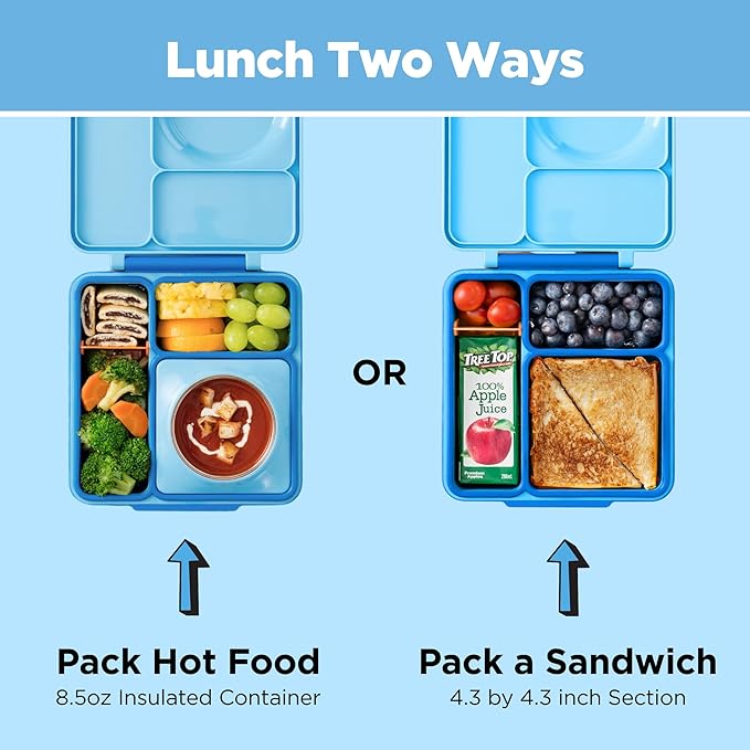 OmieBox Bento Box for Kids - Insulated Bento Lunch Box with Leak Proof Vacuum Insulated Food Jar - 3 Compartments, Two Temperature Zones (Blue Sky)