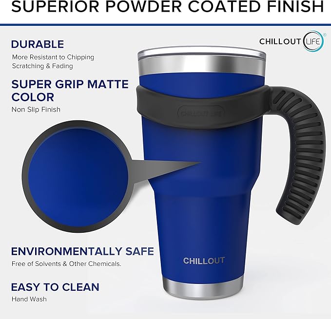 CHILLOUT LIFE Stainless Steel Travel Mug with Handle 30 oz – 6 Piece Set. Tumbler with Handle, Straw, Cleaning Brush & 2 Lids. Double Wall Insulated Large Coffee Mug Bundle (Navy Blue)
