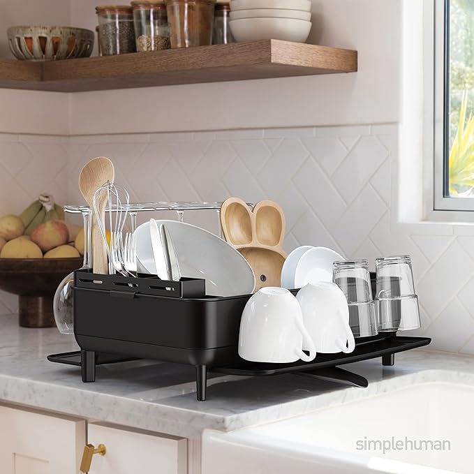 simplehuman Large Capacity Dish Drying Rack with Stainless Steel Frame, 360º Easy Drain Swivel Spout, Utensil & Wine Glass Holder, Anti-Residue Coating, Moisture Control Surface, Matte Black