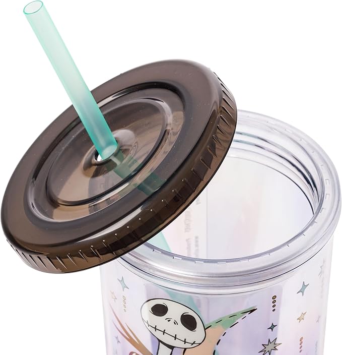 Silver Buffalo Disney Nightmare Before Christmas “Forever and Always” Featuring Jack Skellington and Sally Plastic Tall Cold Cup with Lid and Straw, 20 Ounces