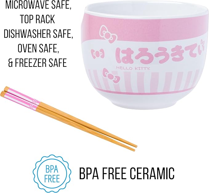 Silver Buffalo Sanrio Hello Kitty Pink Stripes Ceramic Ramen Bowl with Chopsticks, 20 Ounces
