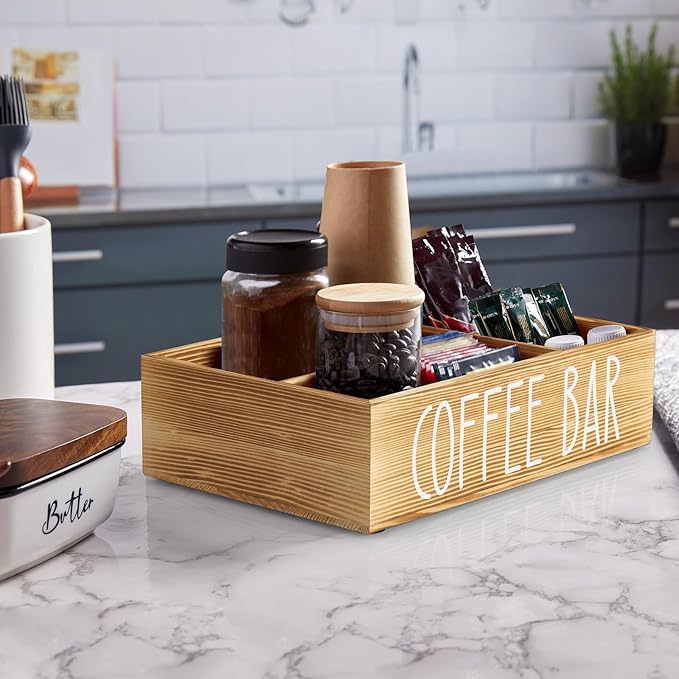 ALELION ALEION Brown Coffee Station Organizer - Wood Coffee Bar Accessories Organizer with Removable Dividers for Pods Condiment Syrup Tea Cups Stirrers - for Farmhouse Coutertop Decor