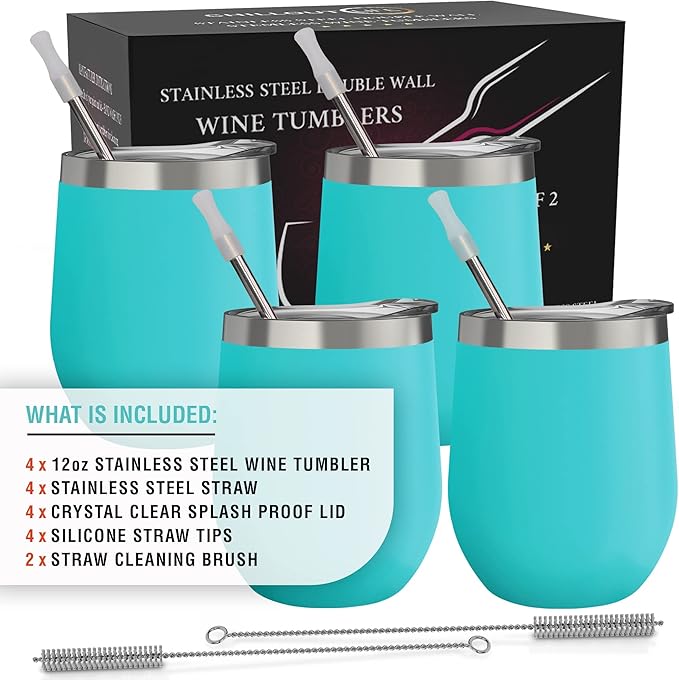 CHILLOUT LIFE 12 oz Stainless Steel Wine Tumblers 4 Pack - Double Wall Vacuum Insulated Wine Glasses Cups with Lids and Straws Set Keeping Cold & Hot for Coffee, Beer, Ice Cream - Powder Coated Blue