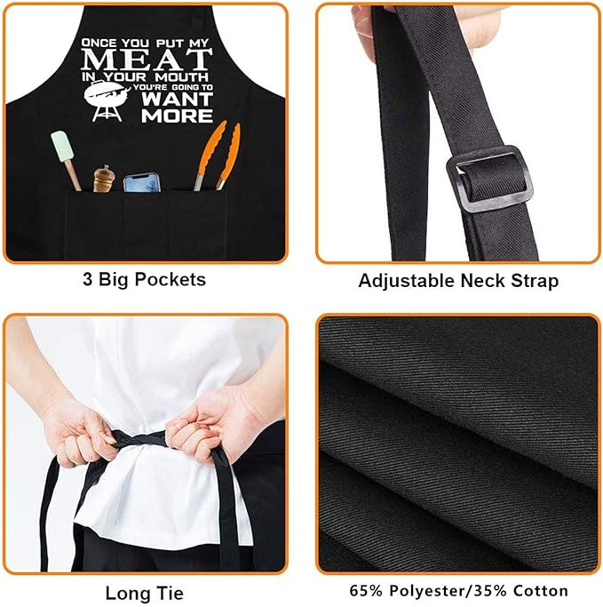 Funny Grilling Apron for Men, Adjustable Black BBQ Cooking Apron with Three Large Pockets, Chef Kitchen Apron for Barbecue and Outdoor Use, Gift for Dad, Husband, Boyfriend