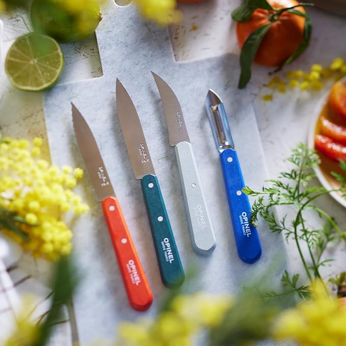 OPINEL Les Essentials - Small Kitchen 4 Piece Set - Paring, Serrated, Vegetable Knife, Peeler - Corrosion Resistant High Carbon Steel - Made in France (Primo)