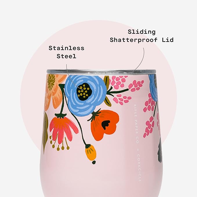 Corkcicle Stemless Insulated Wine Glass Tumbler - Keeps Beverages Cold 6 Hrs Hot 3 Hrs - Stainless Steel - Easy-Grip - Gift for Mom - Great for Mother's Day or Christmas - 12 oz - Blush Lively Floral
